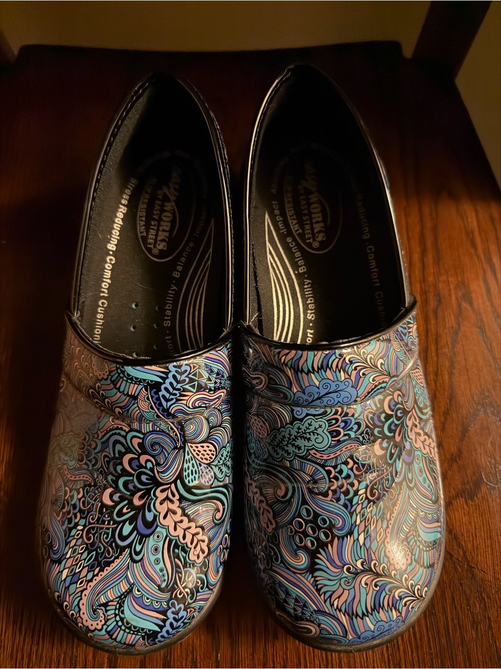 Easy Works by Easy Street Black, Pink, Multi Blue Paisley-Print Clogs